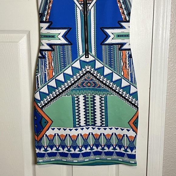 Peach Puff Dress Womens Small Blue Green Aztec Sleeveless Bodycon Geometric Mini - Picture 14 of 14